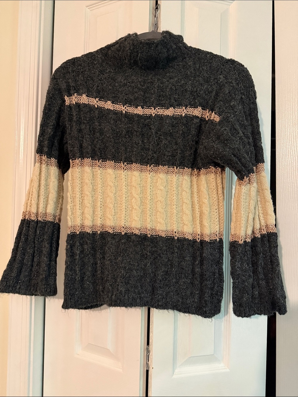 Pink Lily Charcoal and Cream Striped Mock Neck Sweater